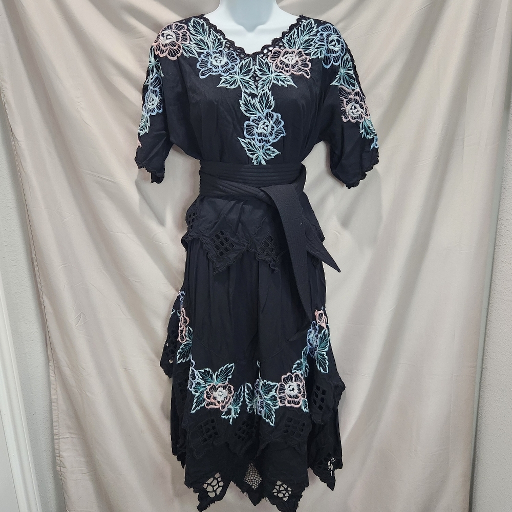 Bali Emerald Vintage 70s Floral Embroidered Whimsigoth Top and Skirt Set